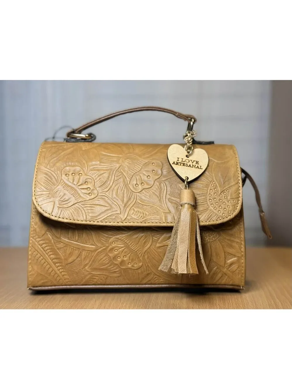 Camel Beige Sunflower Embossed Tooled Artisan LEATHER Crossbody bag Purse